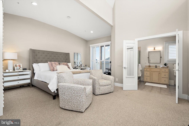 9 144th St Unit C, Paradise Beach, Ocean City, MD 21842 - carpeted bedroom featuring baseboards, high vaulted ceiling, recessed lighting, and connected bathroom