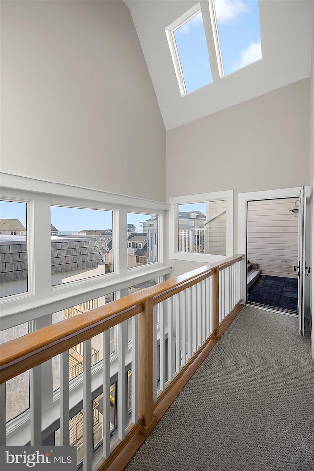 hall with carpet flooring, a skylight, and high vaulted ceiling