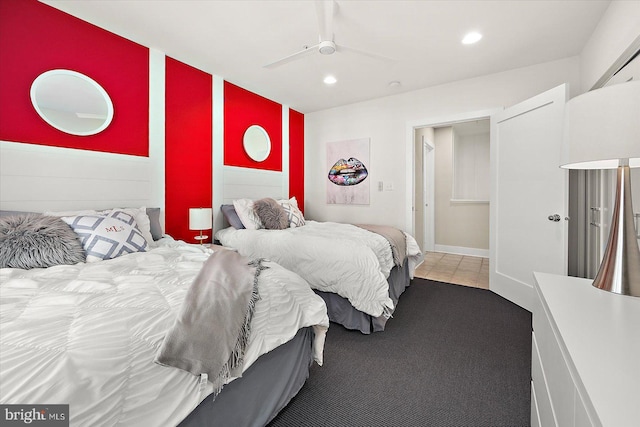 bedroom featuring carpet flooring and ceiling fan