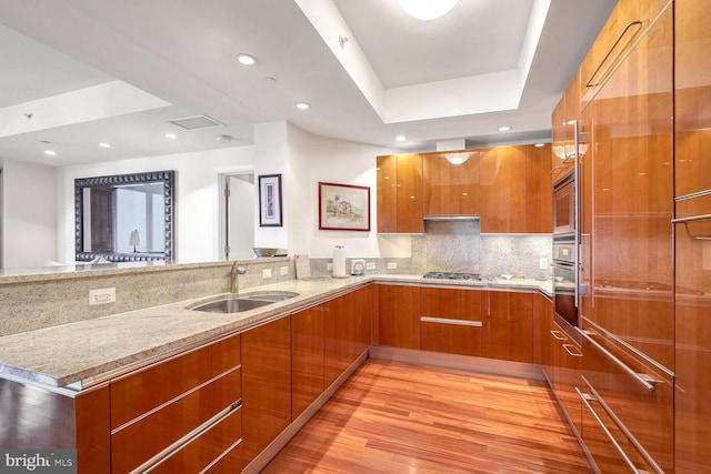 kitchen featuring sink, light hardwood / wood-style floors, light stone countertops, decorative backsplash, and a raised ceiling