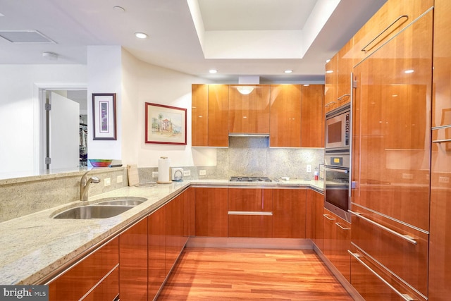 kitchen featuring appliances with stainless steel finishes, sink, backsplash, a raised ceiling, and light stone countertops