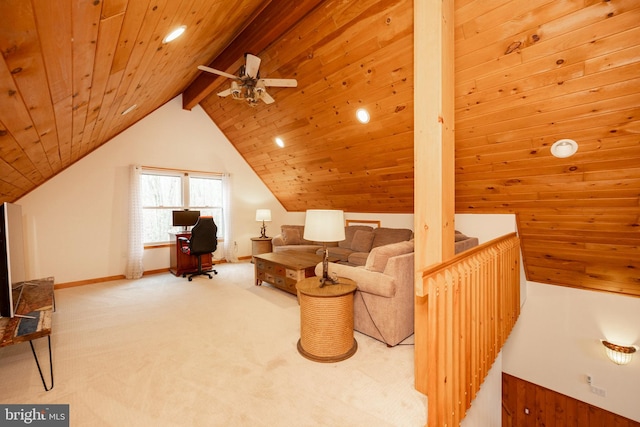 additional living space with carpet flooring, wood ceiling, ceiling fan, wooden walls, and lofted ceiling with beams