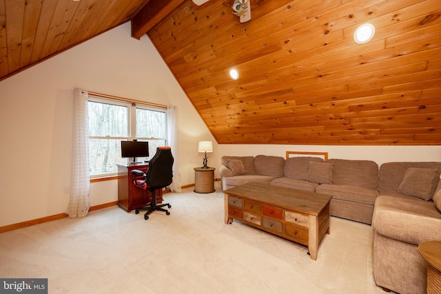 carpeted living room featuring wood ceiling, ceiling fan, and lofted ceiling with beams