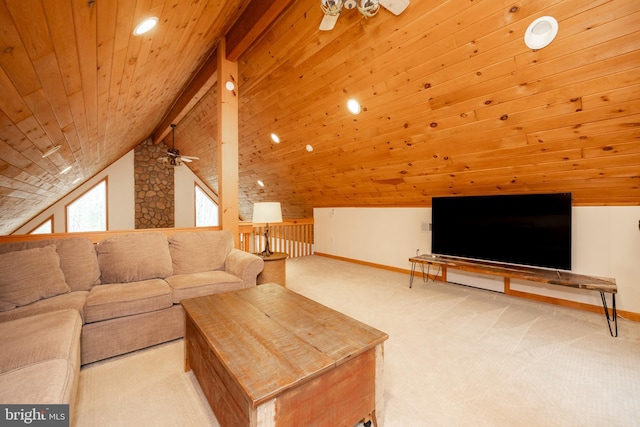 living room featuring vaulted ceiling with beams, light colored carpet, ceiling fan, and wooden ceiling