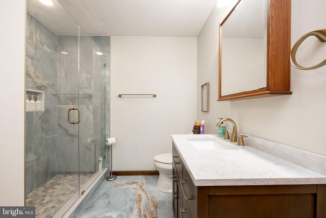 bathroom with vanity, toilet, and a shower with shower door