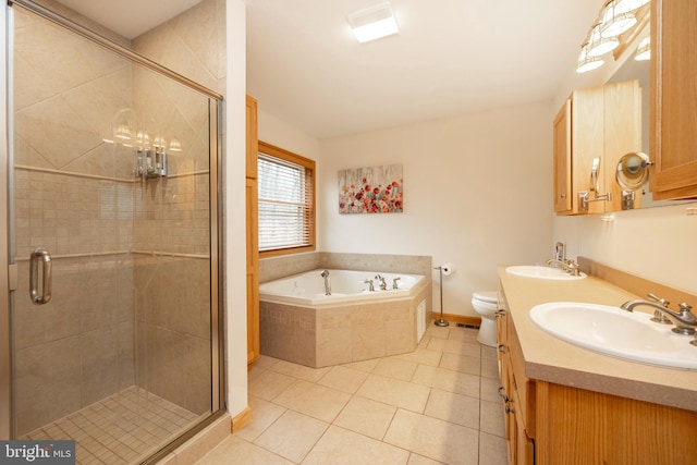 full bathroom with tile patterned flooring, vanity, toilet, and plus walk in shower