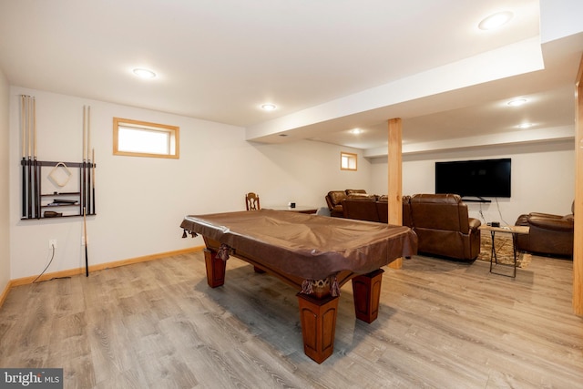 game room with wood-type flooring and pool table