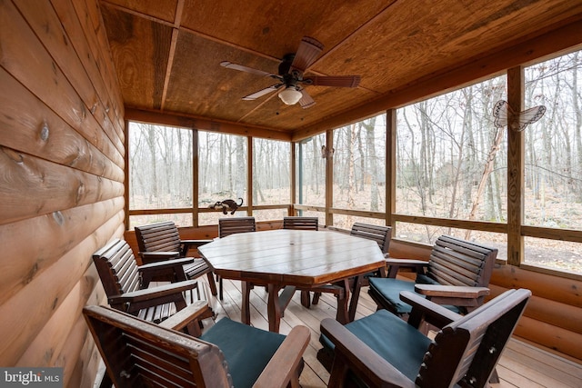 sunroom / solarium featuring ceiling fan and wooden ceiling