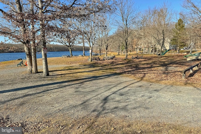 view of street with a water view