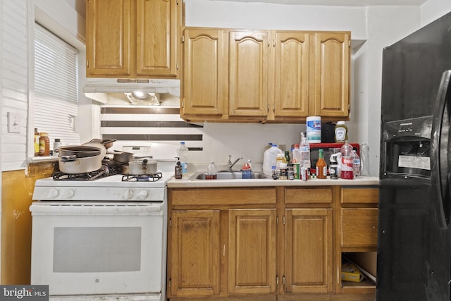 kitchen featuring black fridge with ice dispenser, gas range gas stove, and sink