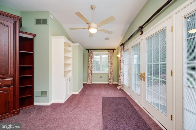 interior space featuring french doors, ceiling fan, and lofted ceiling