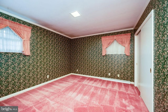 empty room with carpet and crown molding