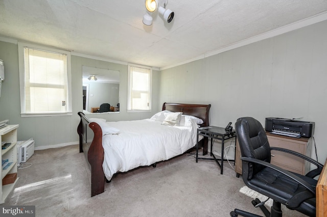 carpeted bedroom featuring crown molding and a textured ceiling