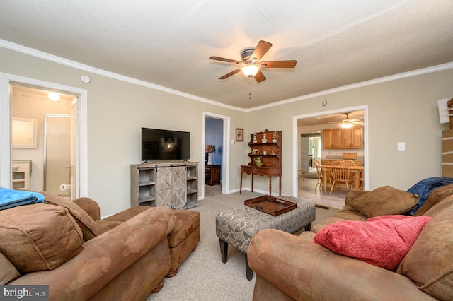 carpeted living room with a textured ceiling, ceiling fan, and crown molding