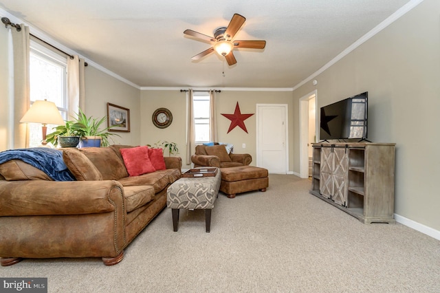 carpeted living room with ceiling fan, a healthy amount of sunlight, and crown molding