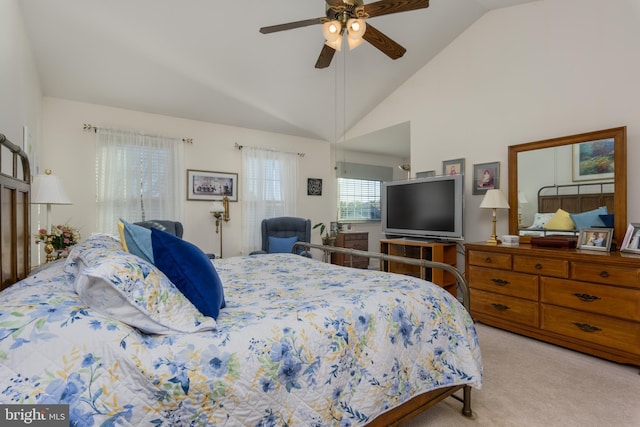 bedroom featuring light carpet, high vaulted ceiling, and ceiling fan