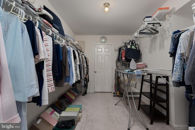 spacious closet featuring light colored carpet