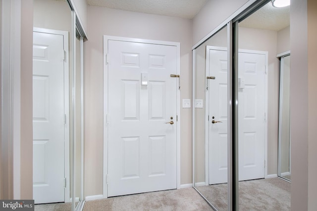 doorway to outside featuring a textured ceiling and light colored carpet