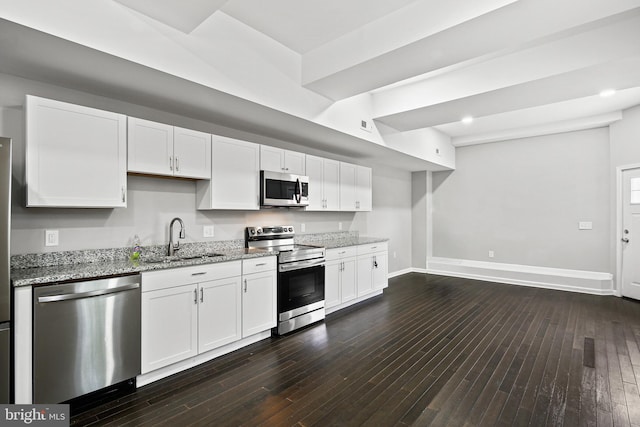 kitchen featuring white cabinets, dark hardwood / wood-style floors, sink, and stainless steel appliances