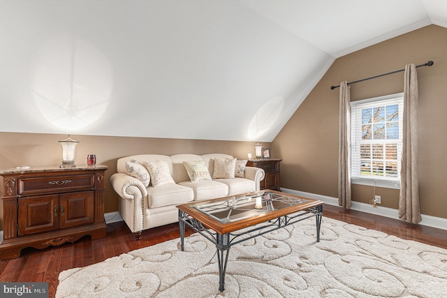 living room with dark hardwood / wood-style floors and lofted ceiling