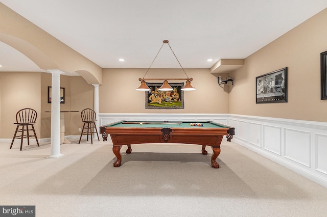 recreation room featuring carpet, pool table, and decorative columns