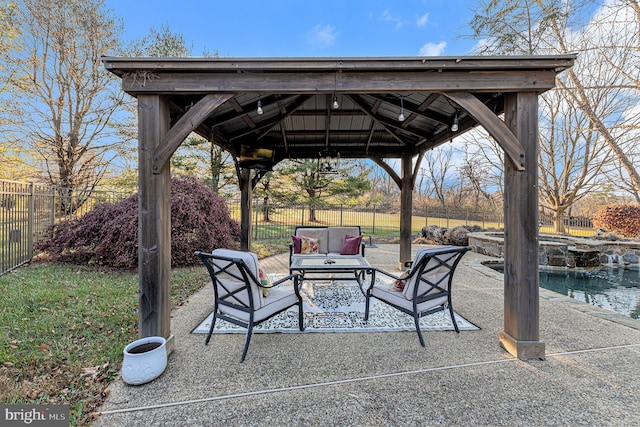 view of patio / terrace with a gazebo and outdoor lounge area