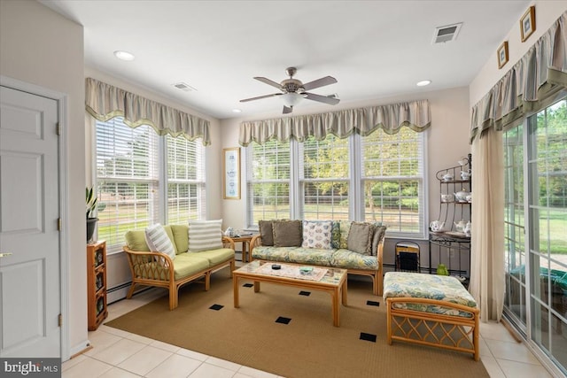 sunroom featuring a wealth of natural light and ceiling fan