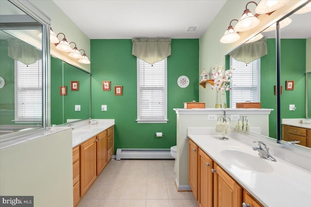 bathroom with plenty of natural light, tile patterned flooring, a baseboard radiator, and toilet