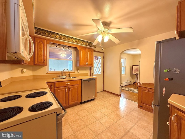 kitchen featuring baseboard heating, ceiling fan, sink, and appliances with stainless steel finishes