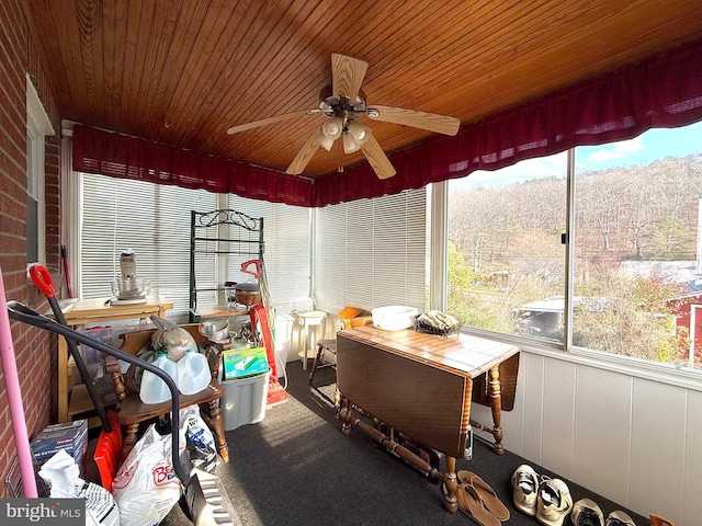 unfurnished sunroom featuring ceiling fan and wood ceiling