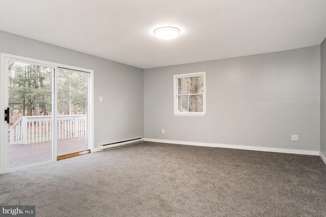 unfurnished room featuring carpet flooring and a baseboard radiator