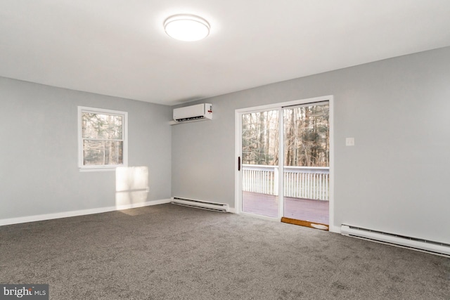 empty room with carpet, an AC wall unit, and a baseboard heating unit