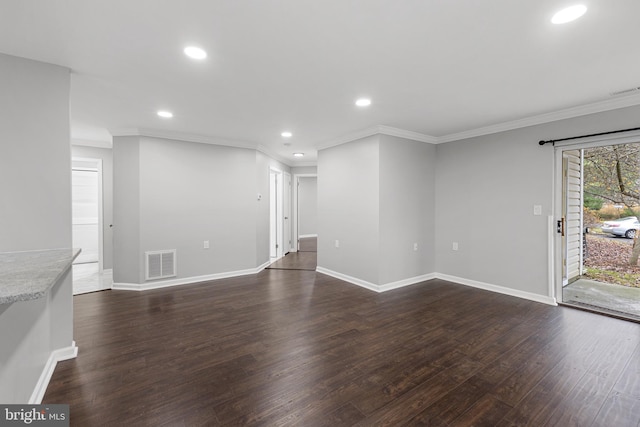 unfurnished living room with dark hardwood / wood-style floors and ornamental molding