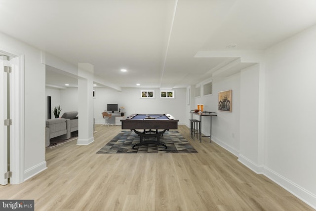 rec room with light wood-type flooring and billiards