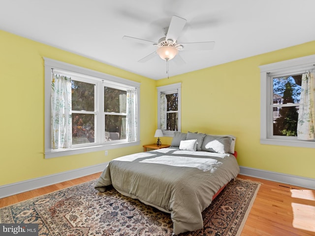 bedroom featuring ceiling fan and wood-type flooring