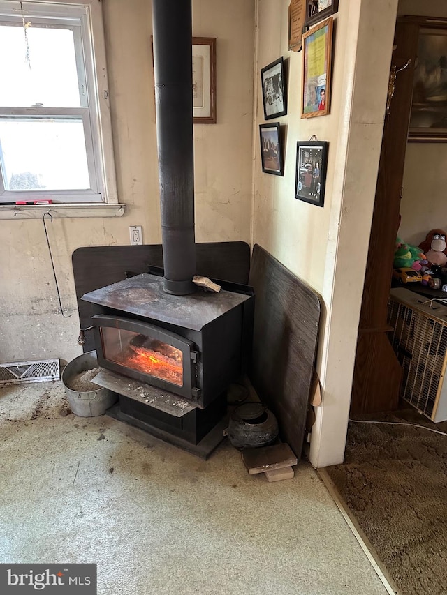 interior details with a wood stove