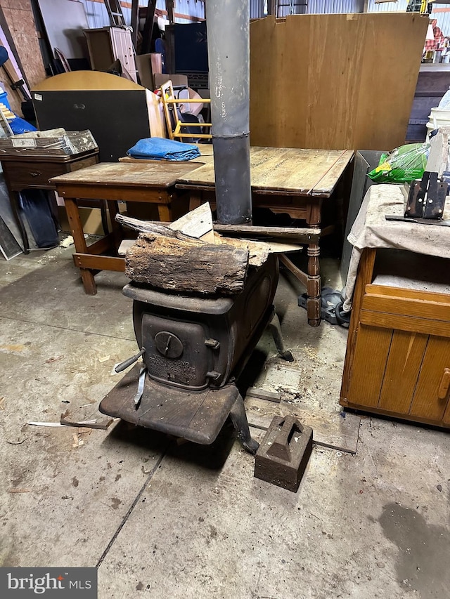 interior space with a wood stove