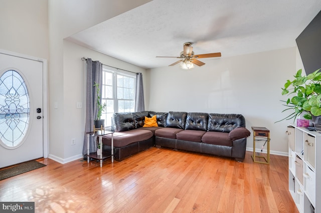 living room featuring ceiling fan, light hardwood / wood-style flooring, and a textured ceiling