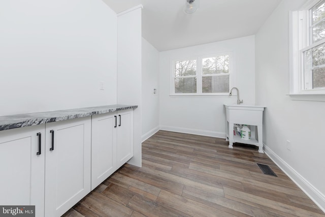 clothes washing area with plenty of natural light, visible vents, a sink, and wood finished floors