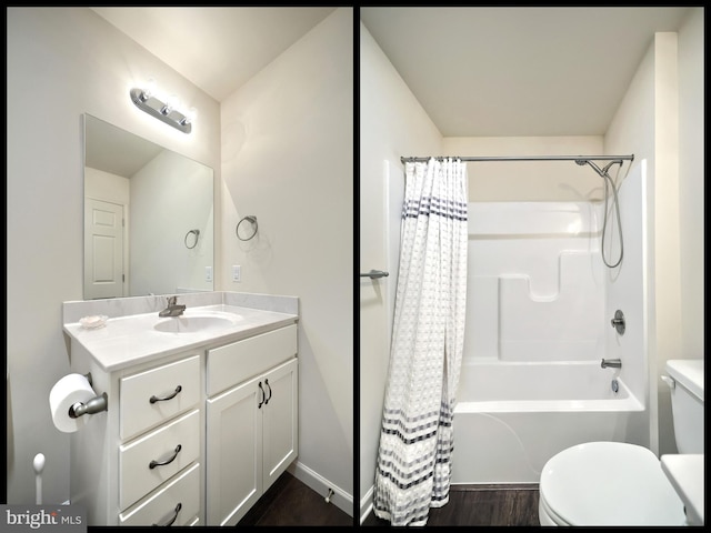 full bathroom featuring hardwood / wood-style flooring, vanity, toilet, and shower / bath combo with shower curtain