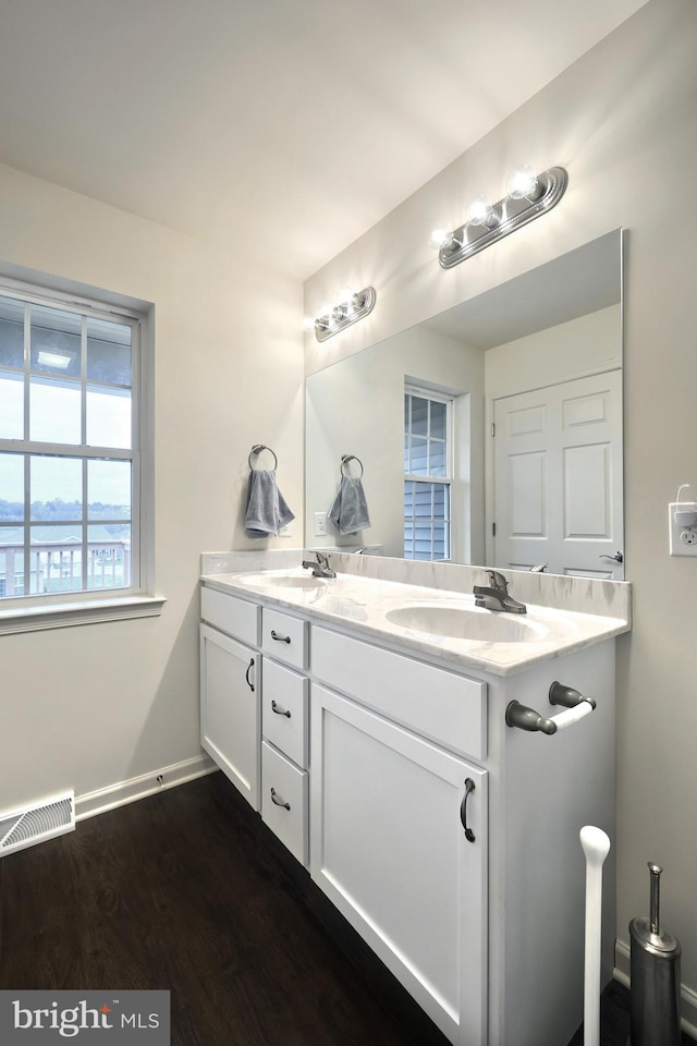 bathroom with hardwood / wood-style flooring and vanity