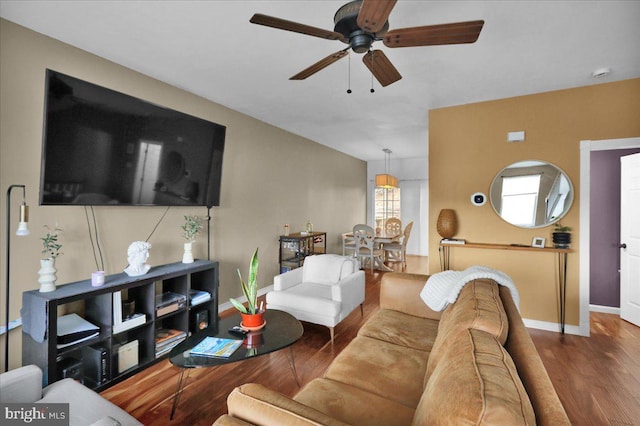 living room with hardwood / wood-style floors and ceiling fan