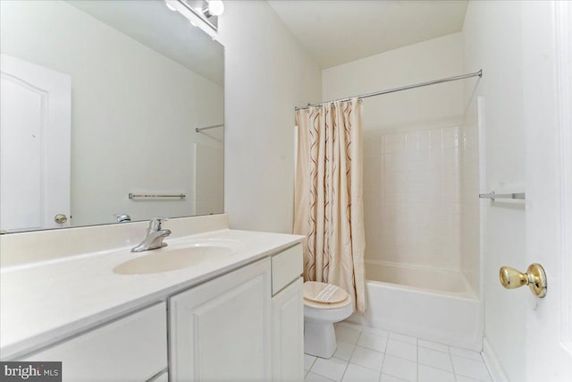 full bathroom with tile patterned flooring, shower / bath combination with curtain, toilet, and vanity