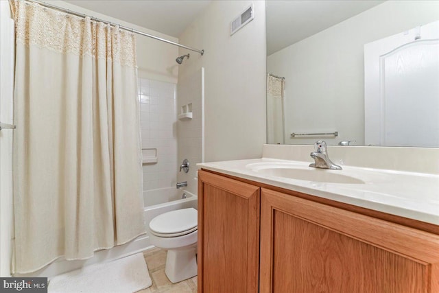 full bathroom featuring tile patterned flooring, vanity, shower / bath combination with curtain, and toilet