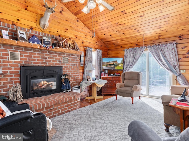 living room featuring ceiling fan, high vaulted ceiling, wood walls, hardwood / wood-style floors, and wood ceiling