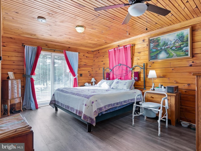 bedroom with access to outside, ceiling fan, wood-type flooring, wooden ceiling, and wood walls