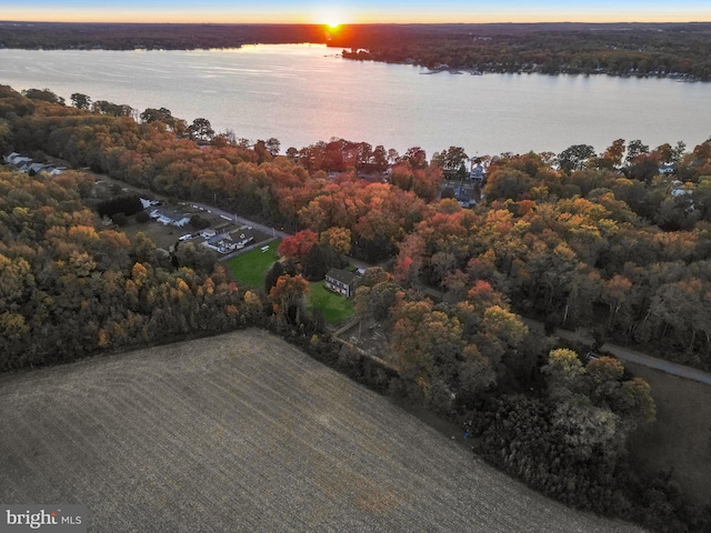 aerial view at dusk with a water view