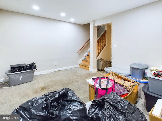 basement featuring light colored carpet