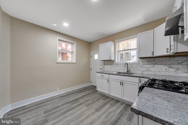 kitchen featuring ventilation hood, white cabinetry, a healthy amount of sunlight, and sink