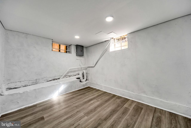 basement with dark hardwood / wood-style flooring